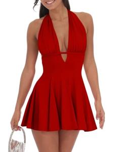BEAGIMEG Women's Sexy Bodycon Sleeveless Halter Tie up Back Backless Deep V A-line Club Party Mini Dress red