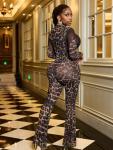 Ophestin Sexy Two Piece Club Outfits for Women Print Mesh See Through Long Sleeve Top Flared Bodycon Pants Set Leopard XXL