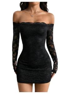 GORGLITTER Women's Lace Long Sleeves Mini Dress Y2K Fall Sexy Off The Shoulder Bodycon Night Out Birthday Party Dresses Black Small