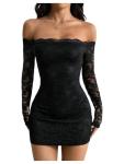 GORGLITTER Women's Lace Long Sleeves Mini Dress Y2K Fall Sexy Off The Shoulder Bodycon Night Out Birthday Party Dresses Black Small