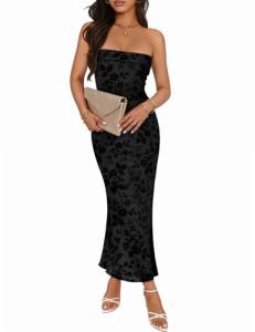 MEROKEETY Women's 2026 Summer Floral Strapless Dress Bodycon Tube Slit Mesh Wedding Guest Cocktail Party Maxi Dresses, Black, Small
