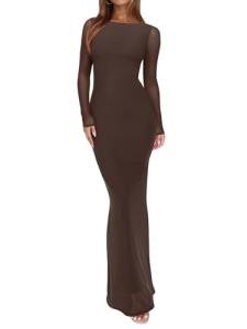 REORIA Women's Spring Mesh Sheer Long Sleeve Wedding Guest Dress Sexy Floral Bodycon Maxi Long Dresses Shaved Chocolate Medium
