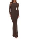 REORIA Women's Spring Mesh Sheer Long Sleeve Wedding Guest Dress Sexy Floral Bodycon Maxi Long Dresses Shaved Chocolate Medium