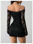 GORGLITTER Women's Lace Long Sleeves Mini Dress Y2K Fall Sexy Off The Shoulder Bodycon Night Out Birthday Party Dresses Black Small