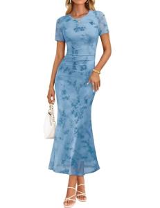 ZESICA Women's Summer Short Sleeve Floral Bodycon Dress 2026 Ruched Mesh Wedding Guest Cocktail Party Maxi Dresses Blue Large