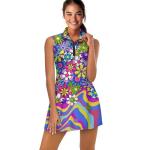 Xpyeesfuen Purple Hippie Flowers Women's Tennis Dress with Separate Shorts Athletic Workout Exercise Tummy Control Golf Dress V-Neck Summer Waist-Hugging Design