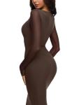 REORIA Women's Spring Mesh Sheer Long Sleeve Wedding Guest Dress Sexy Floral Bodycon Maxi Long Dresses Shaved Chocolate Medium