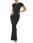REORIA Women's Summer Sexy Casual Lounge Long Dress Elegant Wedding Guest Short Sleeve Crew Neck Bodycon Maxi Dresses Black Small