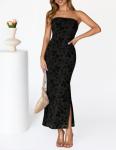 MEROKEETY Women's 2026 Summer Floral Strapless Dress Bodycon Tube Slit Mesh Wedding Guest Cocktail Party Maxi Dresses, Black, Small