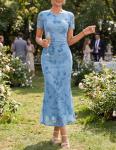 ZESICA Women's Summer Short Sleeve Floral Bodycon Dress 2026 Ruched Mesh Wedding Guest Cocktail Party Maxi Dresses Blue Large
