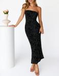 MEROKEETY Women's 2026 Summer Floral Strapless Dress Bodycon Tube Slit Mesh Wedding Guest Cocktail Party Maxi Dresses, Black, Small
