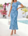ZESICA Women's Summer Short Sleeve Floral Bodycon Dress 2026 Ruched Mesh Wedding Guest Cocktail Party Maxi Dresses Blue Large