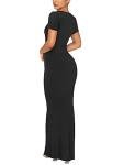 REORIA Women's Summer Sexy Casual Lounge Long Dress Elegant Wedding Guest Short Sleeve Crew Neck Bodycon Maxi Dresses Black Small
