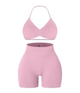 Comper 2 Piece Workout Sets for Women Halter Strappy Sports Bra with Seamless Ribbed Gym Yoga shorts Outfits