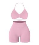 Comper 2 Piece Workout Sets for Women Halter Strappy Sports Bra with Seamless Ribbed Gym Yoga shorts Outfits