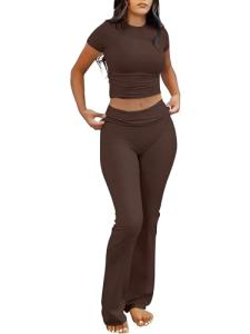 ANRABESS Lounge Sets for Women 2 Piece Foldover Yoga Flare Leggings Pants Crop Tops Casual Y2K Outfits Matching Tracksuit Set Brown Medium