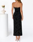 MEROKEETY Women's 2026 Summer Floral Strapless Dress Bodycon Tube Slit Mesh Wedding Guest Cocktail Party Maxi Dresses, Black, Small