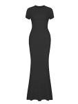 REORIA Women's Summer Sexy Casual Lounge Long Dress Elegant Wedding Guest Short Sleeve Crew Neck Bodycon Maxi Dresses Black Small
