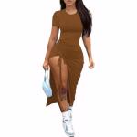 Nimsruc Women Sexy Summer Dresses Short Sleeve Thigh-high Slit Ruched Bodycon Maxi Club Cocktail Party Dress Brown L