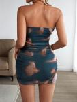 Strapless Ruched Mini Dress - Black Print Bodycon