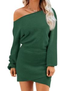 Wenrine Women's Off The Shoulder Sweater Dress 2025 Fall Winter Casual Long Sleeve Knit Slim Fit Pullover Mini Dresses Dark Green