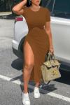 Nimsruc Women Sexy Summer Dresses Short Sleeve Thigh-high Slit Ruched Bodycon Maxi Club Cocktail Party Dress Brown L