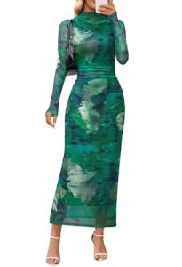MEROKEETY Women's Long Sleeve Fall Wedding Guest Dress 2025 Bodycon Floral Mesh Ruched Cocktail Maxi Dresses, Green, S