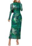 MEROKEETY Women's Long Sleeve Fall Wedding Guest Dress 2025 Bodycon Floral Mesh Ruched Cocktail Maxi Dresses, Green, S