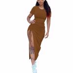 Nimsruc Women Sexy Summer Dresses Short Sleeve Thigh-high Slit Ruched Bodycon Maxi Club Cocktail Party Dress Brown L