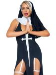 Leg Avenue 86972-00701 3 Pc Sultry Sinner, Includes Dual Slit Garter Dress With Vinyl Cross Detail, Vinyl Collar, And Nun Habit, Small, Blk/White