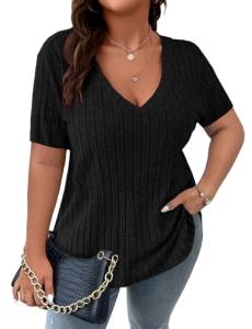 Koscacy Plus Size V Neck Black Short Sleeve Top
