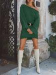 Wenrine Women's Off The Shoulder Sweater Dress 2025 Fall Winter Casual Long Sleeve Knit Slim Fit Pullover Mini Dresses Dark Green