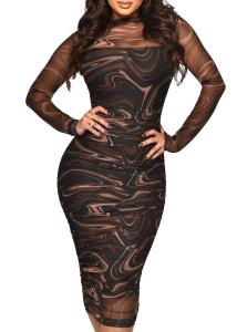 MOEENCN Sexy Long Sleeve Midi Dress for Women Sheer Mesh Printed 2 Piece Skirt Set Crew Neck See Through Bodycon Party Clubwear