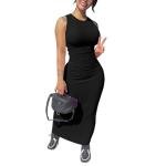 PINSV Women's Sleeveless Crew Neck Bodycon Maxi Dress - Stretchy Form Fitting Long Dress for Casual Daily Party Black S