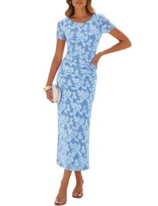 ZESICA Women's 2026 Summer Floral Bodycon Dress Short Sleeve Ruched Mesh Wedding Guest Cocktail Party Midi Dresses Blue Large