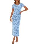ZESICA Women's 2026 Summer Floral Bodycon Dress Short Sleeve Ruched Mesh Wedding Guest Cocktail Party Midi Dresses Blue Large