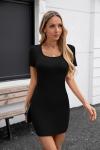 Valiamcep Women's Dress Summer Short Sleeve Square Neck Ribbed Knit Slim Fitted Basic Mini Bodycon Casual Pencil Dresses Black S