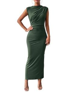 BTFBM Women Ruched Bodycon Maxi Dresses Summer Casual Sleeveless Lightweight Slit Elegant Cocktail Wedding Guest Dress(Army Green, Medium)