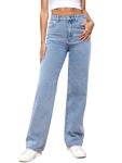 LBDLONGBIDA Women's Straight Leg Jeans Tummy Control Trendy High Waisted Stretchy Casual Denim Pants Baggy Trousers​(Blue,L)