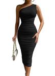 LAGSHIAN Women's Sexy Bodycon One Shoulder Sleeveless Ruched Midi Club Party Dress Black