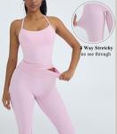 OMKAGI 2 Piece Workout Sets for Women Padded Tank Tops Flare Leggings Pilates Outfits(S,449-Pink)