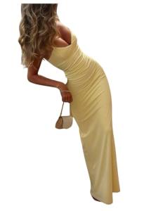 SOLY HUX Women's Elegant Mesh V Neck Bodycon Maxi Dress Summer Cocktail Party Wedding Guest Long Cami Sundresses Solid Yellow Small