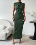 BTFBM Women Ruched Bodycon Maxi Dresses Summer Casual Sleeveless Lightweight Slit Elegant Cocktail Wedding Guest Dress(Army Green, Medium)