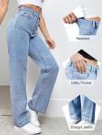 LBDLONGBIDA Women's Straight Leg Jeans Tummy Control Trendy High Waisted Stretchy Casual Denim Pants Baggy Trousers​(Blue,L)
