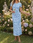 ZESICA Women's 2026 Summer Floral Bodycon Dress Short Sleeve Ruched Mesh Wedding Guest Cocktail Party Midi Dresses Blue Large