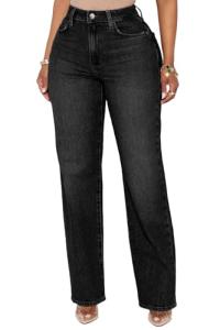 BessCops Straight Leg Jeans for Women High Waisted Wide Leg Stretchy Loose Denim Pants Black