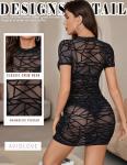 Avidlove Women's Summer Dresses Sexy Bodycon Short Sleeve Mesh Ruched Mini Party Dress (Black Pattern, Medium)