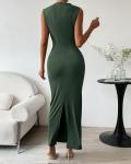 BTFBM Women Ruched Bodycon Maxi Dresses Summer Casual Sleeveless Lightweight Slit Elegant Cocktail Wedding Guest Dress(Army Green, Medium)