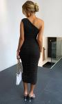 LAGSHIAN Women's Sexy Bodycon One Shoulder Sleeveless Ruched Midi Club Party Dress Black