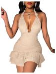 SOLY HUX Women's Summer Halter Bodycon Mini Dress Sexy Deep V Ruffle Party Cocktail Cami Dresses Solid Apricot Large